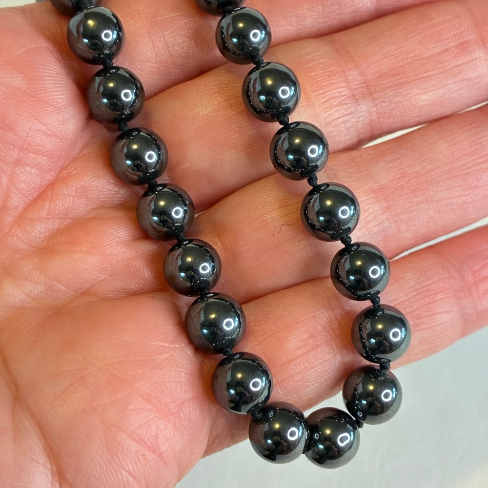 Vintage Hematite Necklace Hand Knotted Round Bead Metallic Gunmetal 28.5"